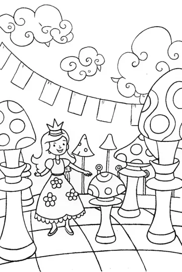 A coloring page of Alice in the Enchanted Chess Parade Coloring Page