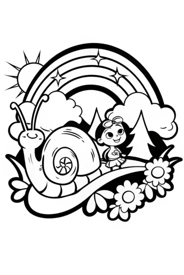 A coloring page of Whimsical rainbow snail ride coloring page