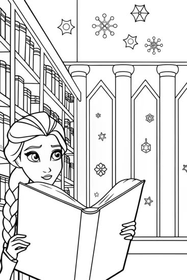 A coloring page of Elsa’s Enchanted Ice Library Coloring Page