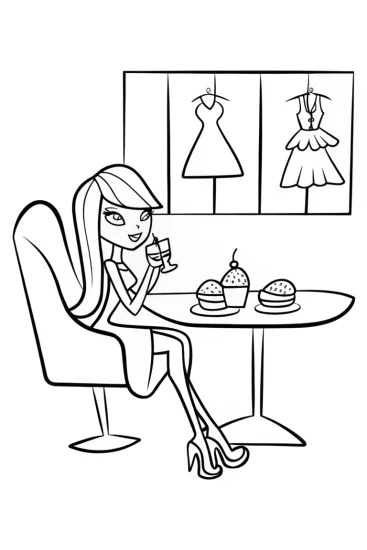 A coloring page of Bratz Dolls in a Cozy Café Coloring Page
