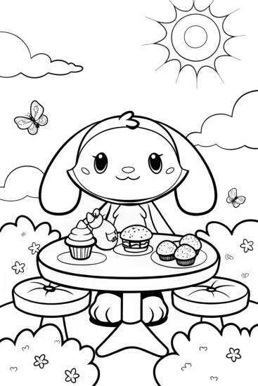 A coloring page of Cinnamoroll’s Cloud Garden Party Coloring Page