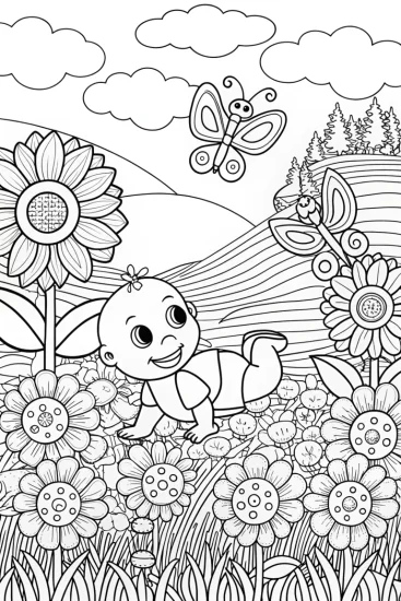 A coloring page of Baby’s Playful Garden Adventure Coloring Page