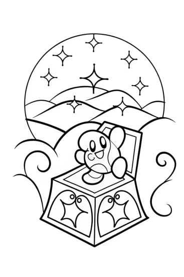 A coloring page of Kirby dancing on a magical music box