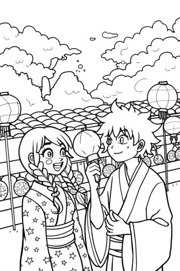 A coloring page of Anime Adventurers in a Floating Market Coloring Page