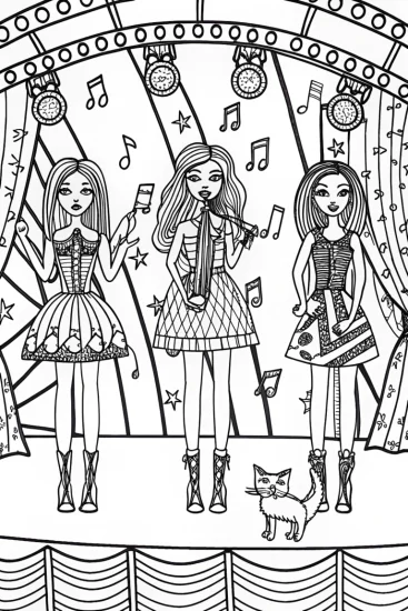 A coloring page of Bratz Dolls Enchanted Music Festival Coloring Page
