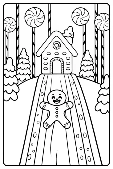 A coloring page of Gingerbread House on Candy Mountain Coloring Page