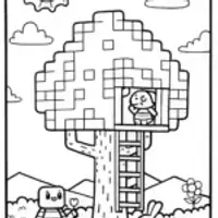 Creeper and Alex Building a Treehouse Coloring Page