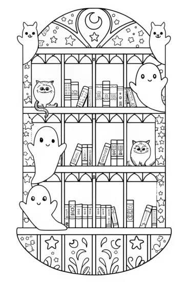 A coloring page of Halloween Library of Shadows Coloring Page