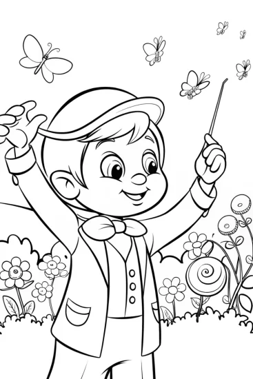 A coloring page of JJ conducts a joyful insect orchestra