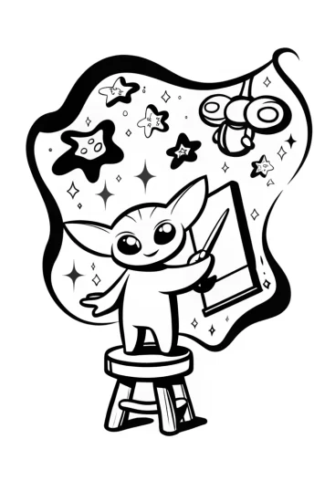 A coloring page of Baby Yoda’s Space Art Studio Coloring Page