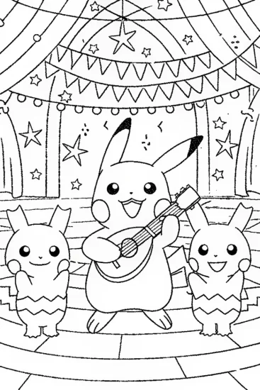A coloring page of Pikachu’s Enchanted Music Festival Coloring Page