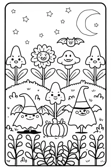 A coloring page of The Enchanted Halloween Garden Coloring Page