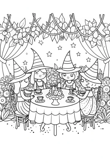 A coloring page of Witch’s Garden Tea Party Coloring Page