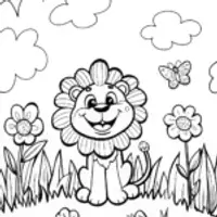 Joyful Lion Cub in Flower Garden Coloring Page