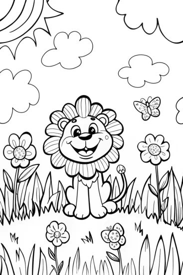 A coloring page of Joyful Lion Cub in Flower Garden Coloring Page