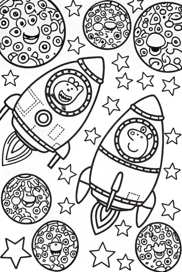 A coloring page of Peppa Pig’s Adventure in the Starry Sky Coloring Page