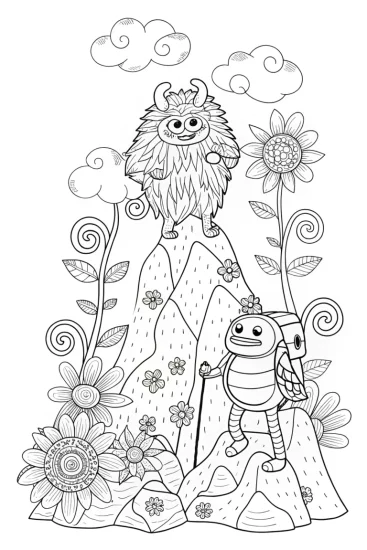 A coloring page of Monster Mountain Climbing Adventure Coloring Page