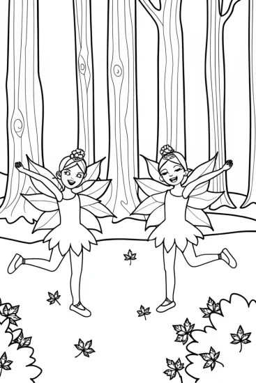 A coloring page of Whimsical Fall Fairies Coloring Page