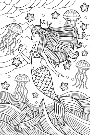 A coloring page of Mermaid’s Celestial Voyage Coloring Page