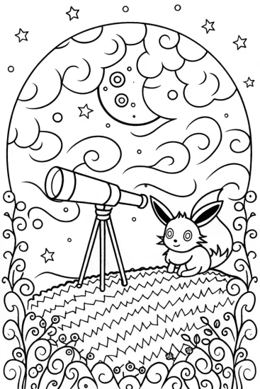 A coloring page of Eevee Stargazing Adventure Coloring Page