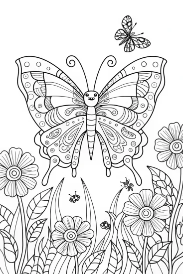 A coloring page of Butterfly Garden Adventure Coloring Page