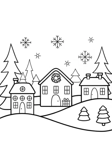 A coloring page of Christmas Tree Village Celebration Coloring Page