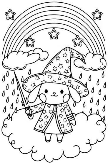 A coloring page of Cinnamoroll’s Whimsical Weather Workshop Coloring Page