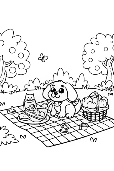 A coloring page of Puppy Picnic Delight Coloring Page