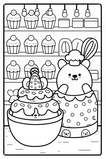 A coloring page of Squishmallow Bake-Off Coloring Page