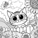 Sunny the Cat in a Flower Garden Coloring Page