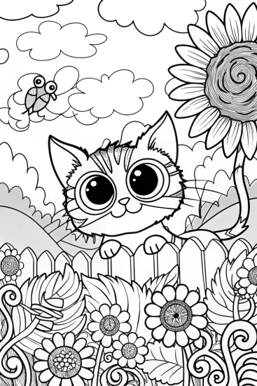 A coloring page of Sunny the Cat in a Flower Garden Coloring Page