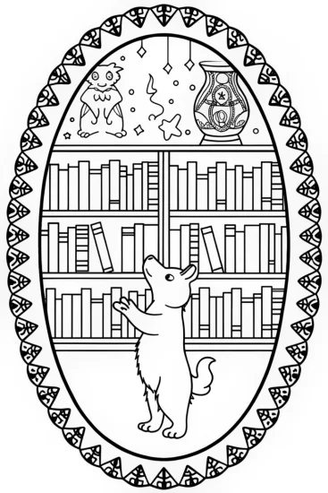 A coloring page of Puppy Adventurer in a Whimsical Library