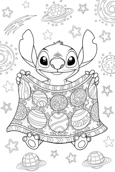 A coloring page of Stitch’s intergalactic quilt journey