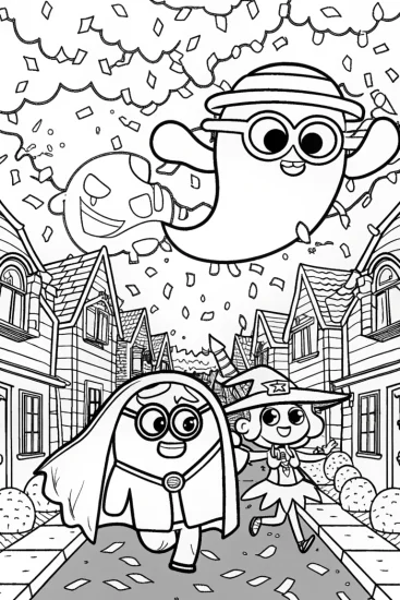 A coloring page of Halloween Costume Parade with Ghost and Witch