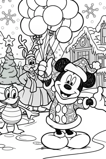 A coloring page of Mickey Mouse and Friends’ Christmas Parade Coloring Page