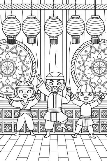 A coloring page of Ninja Sensei and the Playful Students Coloring Page