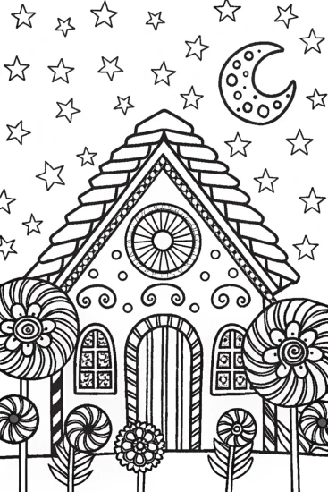 A coloring page of Gingerbread House Under the Starlit Canopy Coloring Page