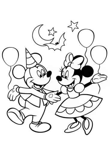 A coloring page of Mickey and Minnie’s Halloween Dance Party Coloring Page