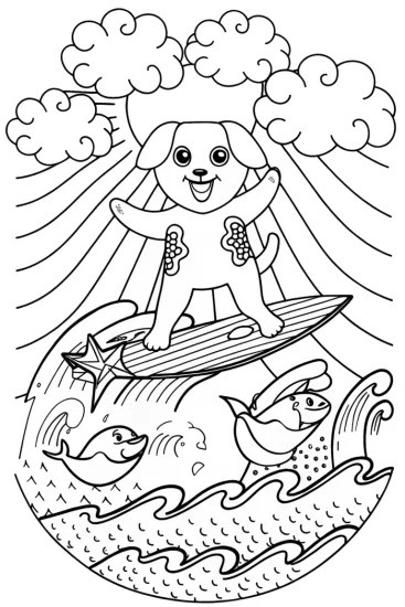A coloring page of Sunshine Surfing Adventure Coloring Page