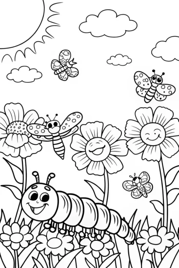 A coloring page of The Cheery Caterpillar’s Garden Stroll Coloring Page