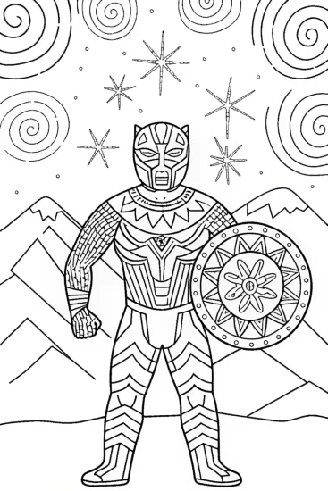A coloring page of Black Panther’s Enchanted Shield Coloring Page