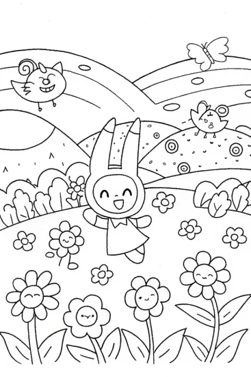 A coloring page of Kuromi’s Enchanted Garden Escape Coloring Page