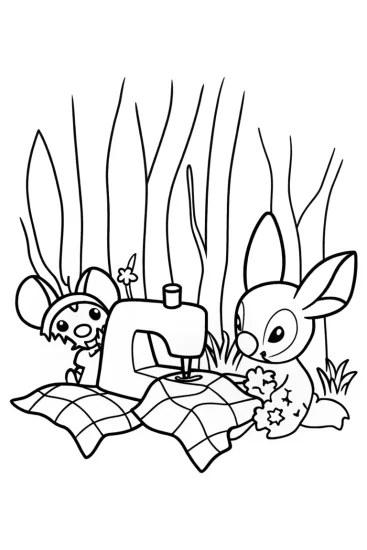 A coloring page of Stitch’s Cozy Sewing Retreat Coloring Page