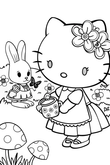 A coloring page of Hello Kitty’s Enchanted Tea Ceremony Coloring Page