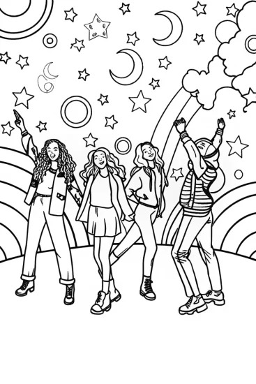 A coloring page of Rainbow High Students in a Celestial Dance Coloring Page