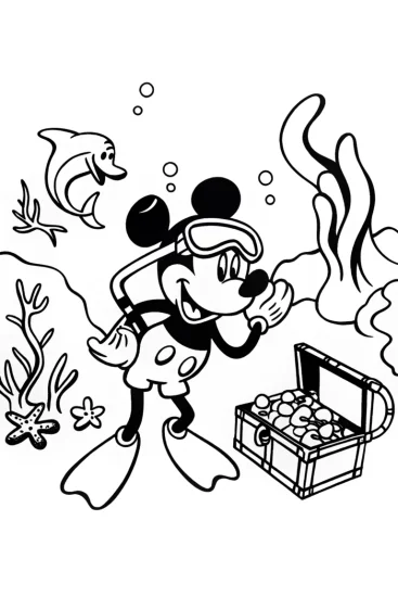 A coloring page of Mickey Mouse swims with ocean friends