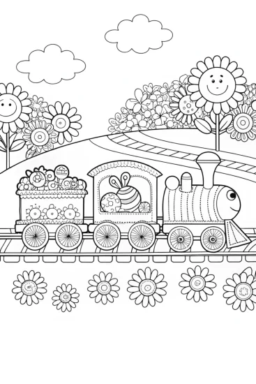 A coloring page of Whimsical Flower Train Adventure Coloring Page