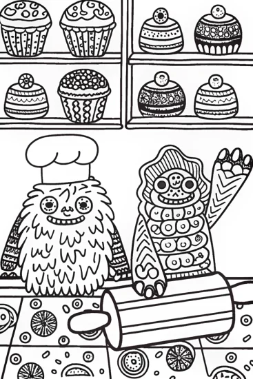 A coloring page of Monster Mix-Up in the Bakery Coloring Page