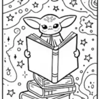 Baby Yoda’s Cosmic Library Adventure Coloring Page