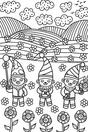 A coloring page of Gnome Gathering in the Enchanted Meadow Coloring Page